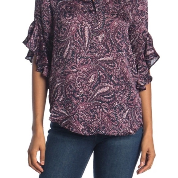 Vince Camuto Tops - Vince Camuto Navy and Mauve Ruffled Bell Sleeve Blouse